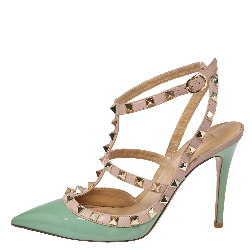 

Valentino Green/Beige Patent Leather Rockstud Ankle Strap Sandals Size