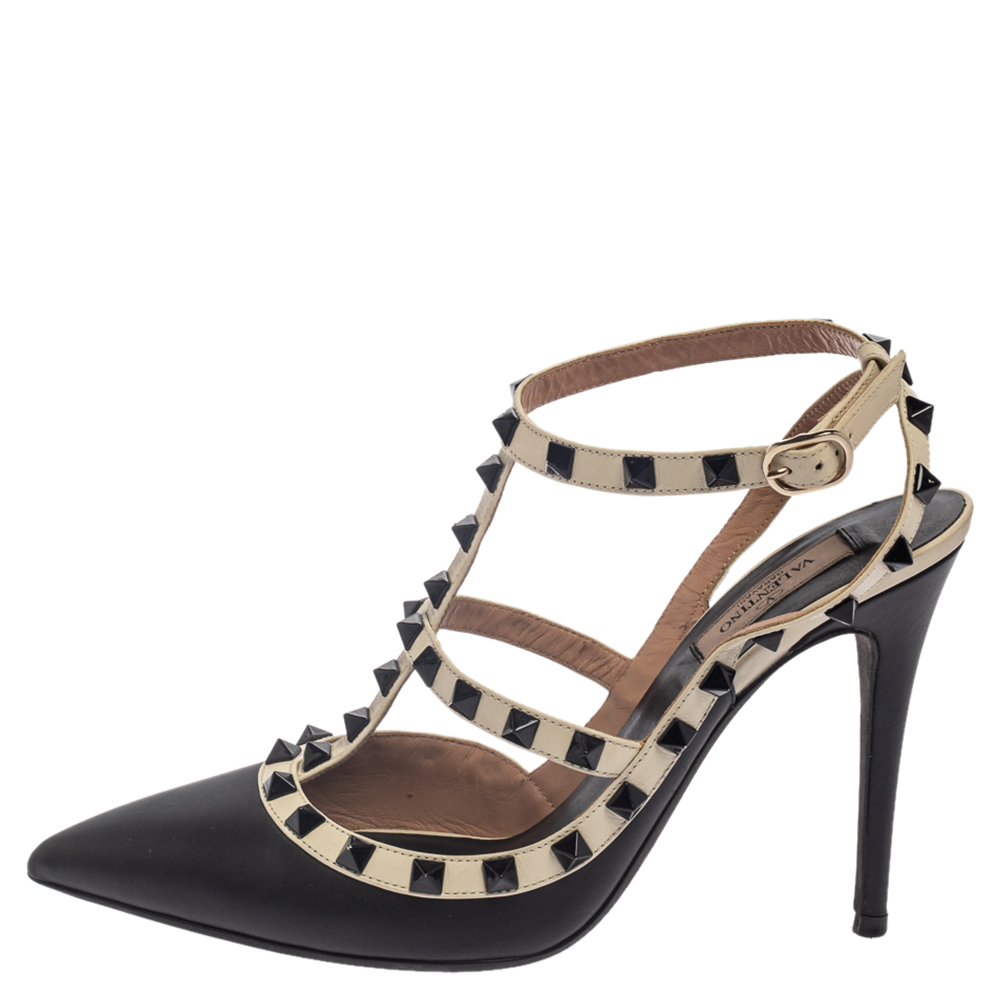 

Valentino Black Leather Rockstud Ankle Strap Cage Sandals Size