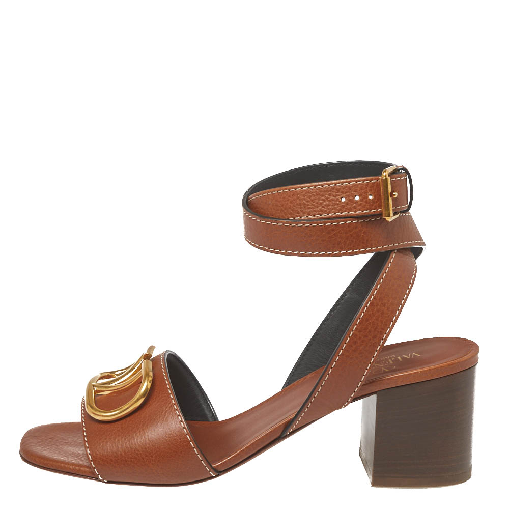 

Valentino Brown Leather V logo Ankle Wrap Block Heel Sandals Size
