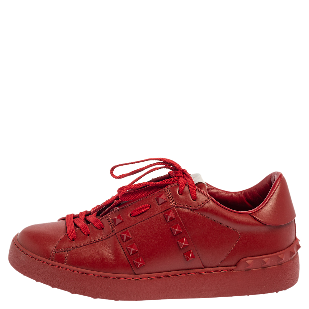 

Valentino Red Leather Rockstud Untitled Rosso Low Top Sneakers Size