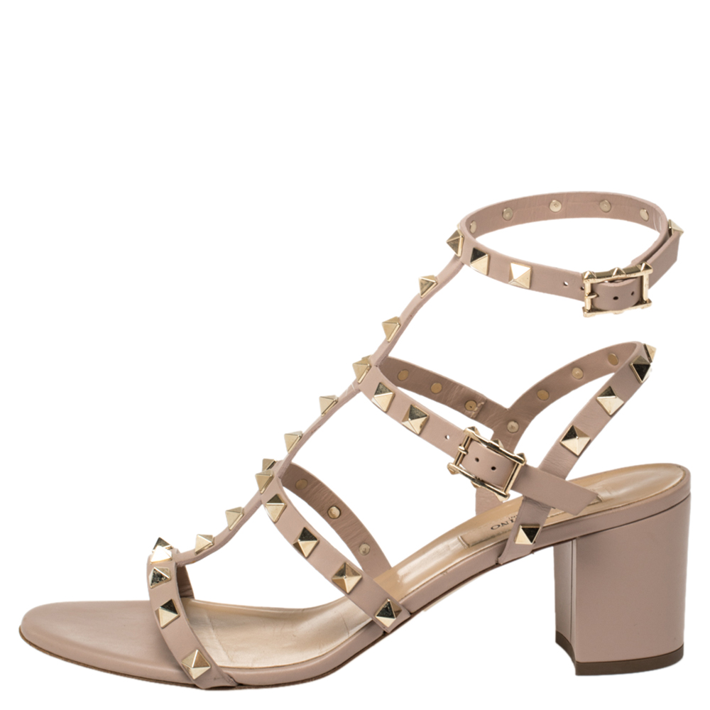 

Valentino Beige Leather Rockstud Block Heel Strappy Sandals Size
