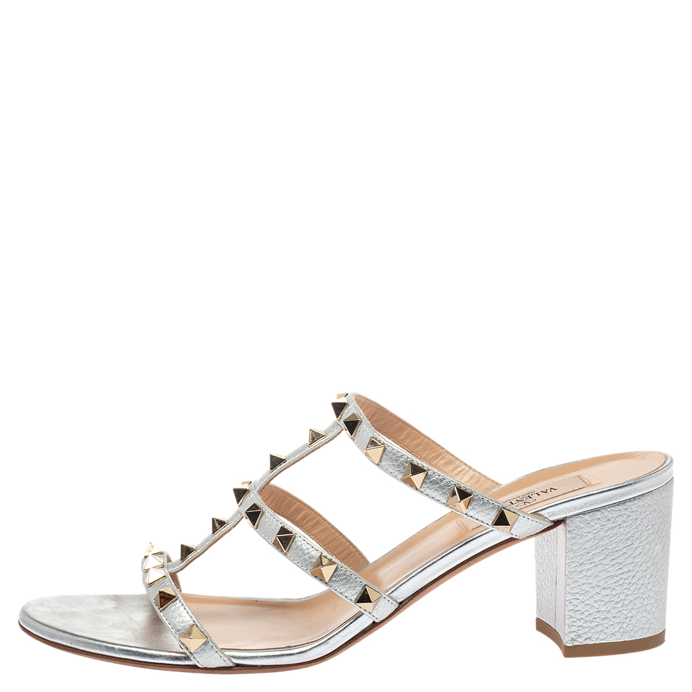 

Valentino Silver Leather Rockstud Open Toe Slide Sandals Size