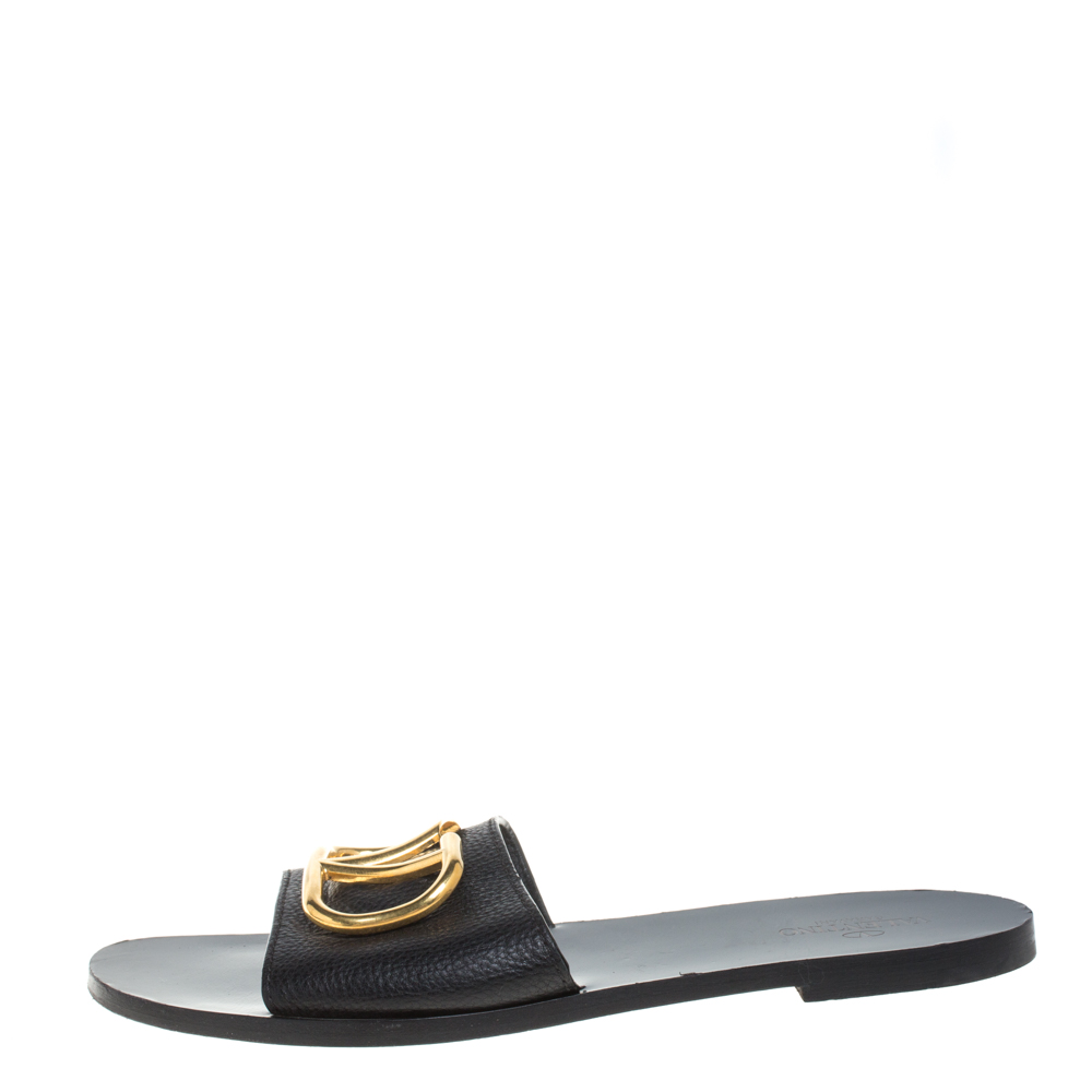 

Valentino Black Leather VLogo Slide Flats Size