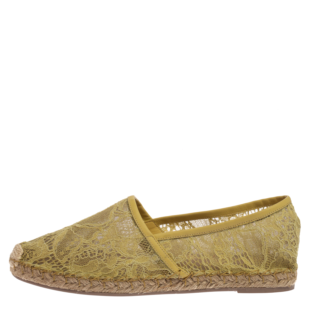 

Valentino Neon Green Lace And Leather Trim Espadrille Flats Size