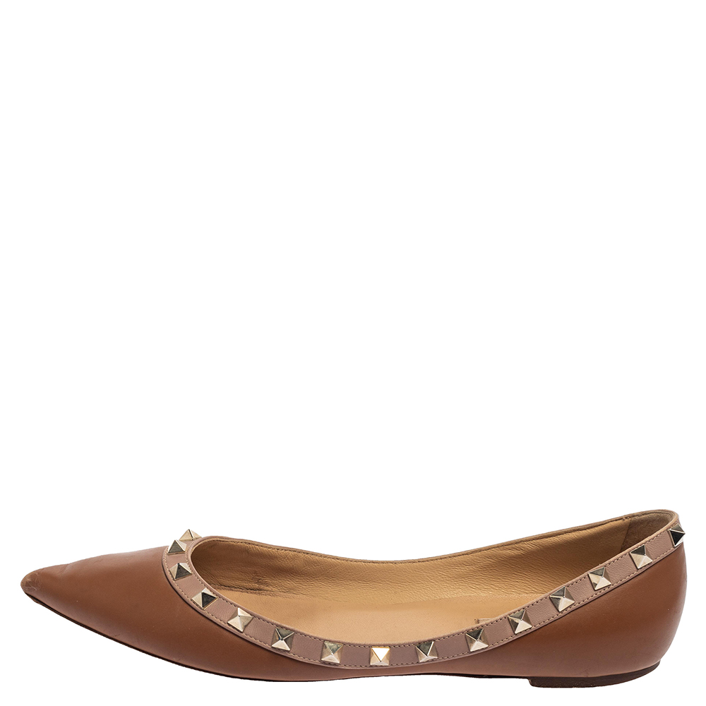 

Valentino Brown/Beige Leather Rockstud Ballet Flats Size