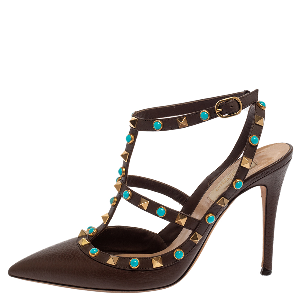 

Valentino Brown Leather Rockstud Pointed Toe Ankle Strap Sandals Size