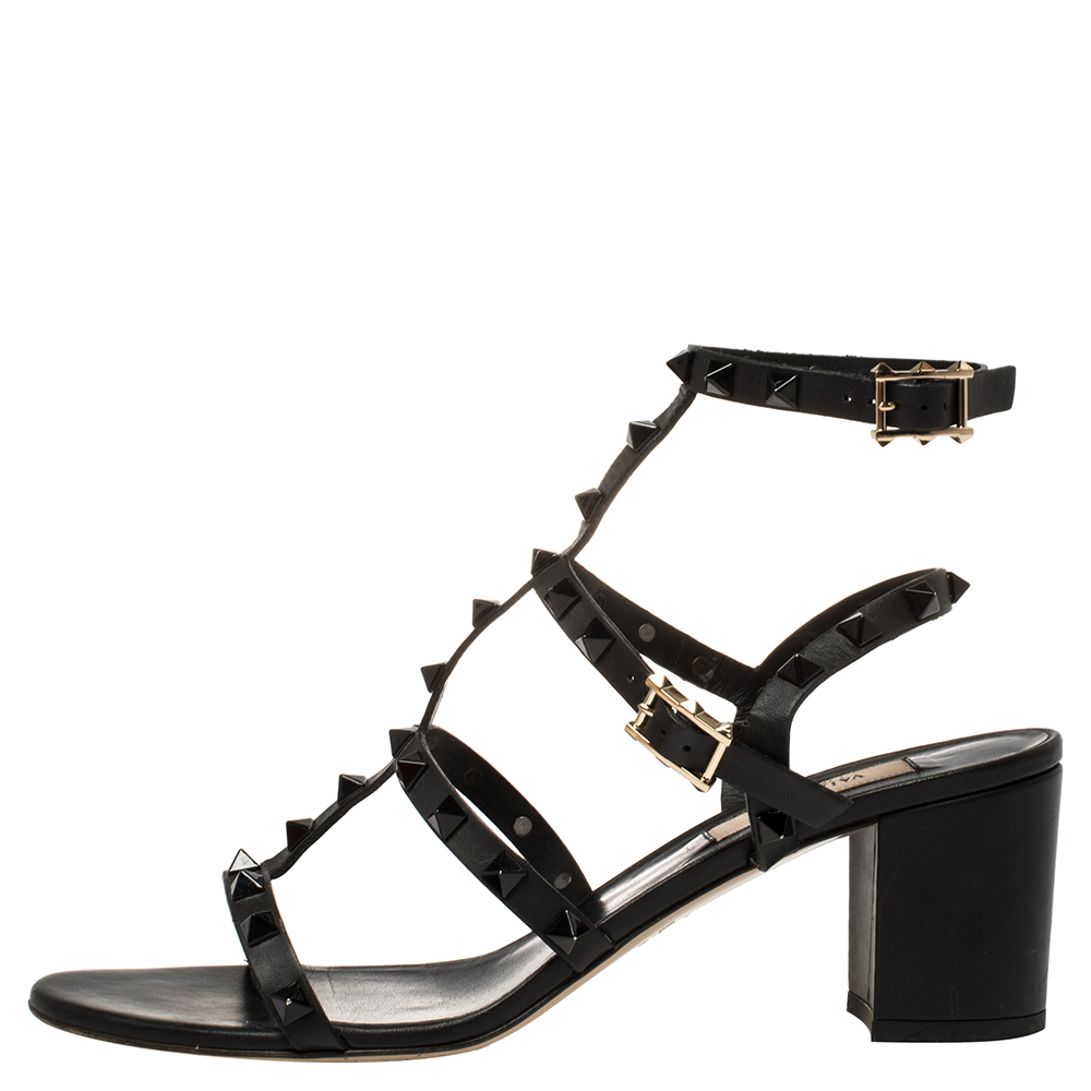 

Valentino Black Leather Rockstud Block Heel Sandals Size
