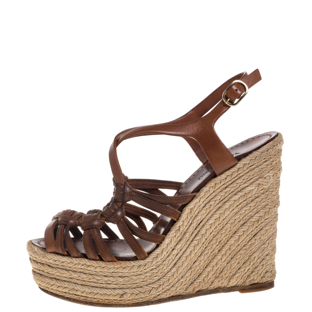 

Valentino Brown Leather Espadrille Wedge Sandals Size