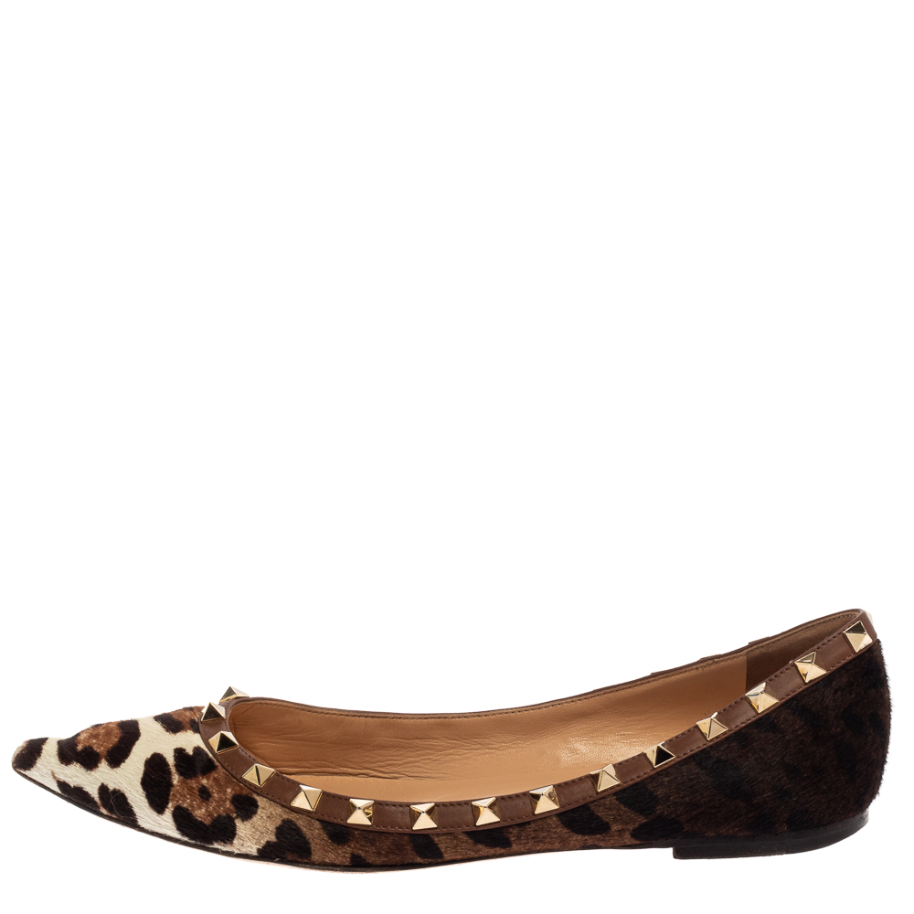 

Valentino Brown Leopard Print Calf Hair Rockstud Ballerina Flats Size