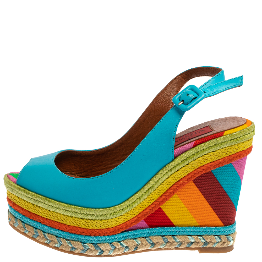 

Valentino Blue Leather Peep Toe Slingback Rainbow Wedge Sandals Size