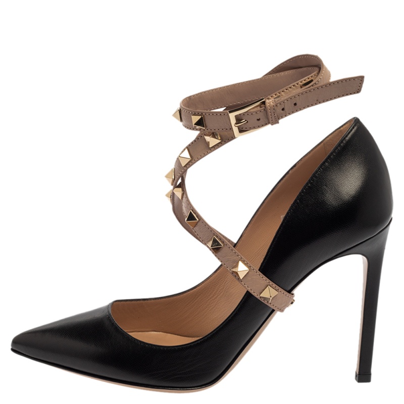 

Valentino Black/Beige Leather Rockstud Ankle Wrap Pointed Toe Pumps Size