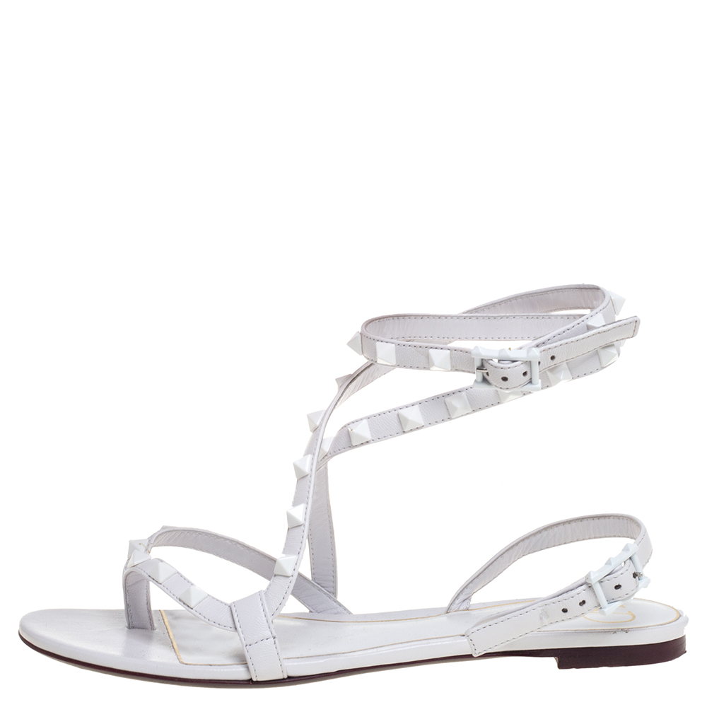

Valentino White Leather Rockstud Ankle Wrap Flat Sandals