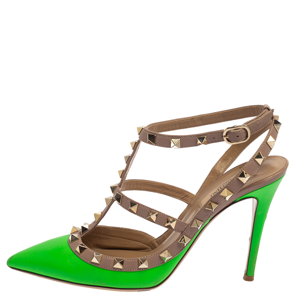 

Valentino Green/Beige Leather Rockstud Pumps Size