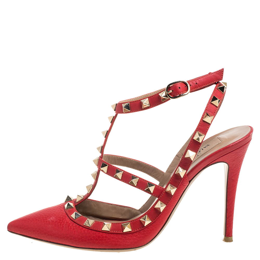 

Valentino Red Leather Rockstud Ankle Strap Caged Sandals Size