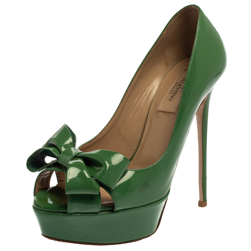 Pre-owned Valentino Garavani Green Patent Leather Couture Bow Peep Toe Platform Pumps Size 37