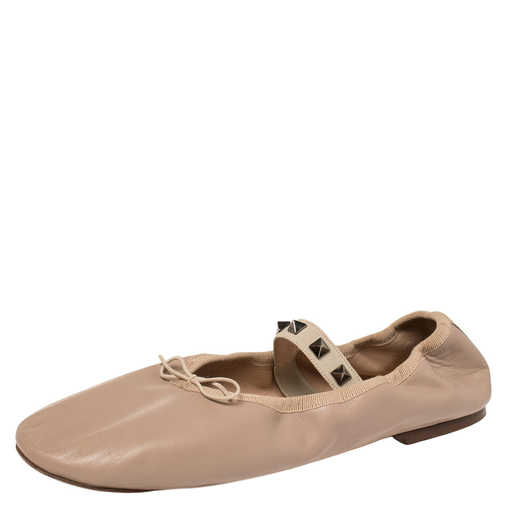 Pre-owned Valentino Garavani Beige Leather Rockstud Mary Jane Bow Ballet Flats Size 39