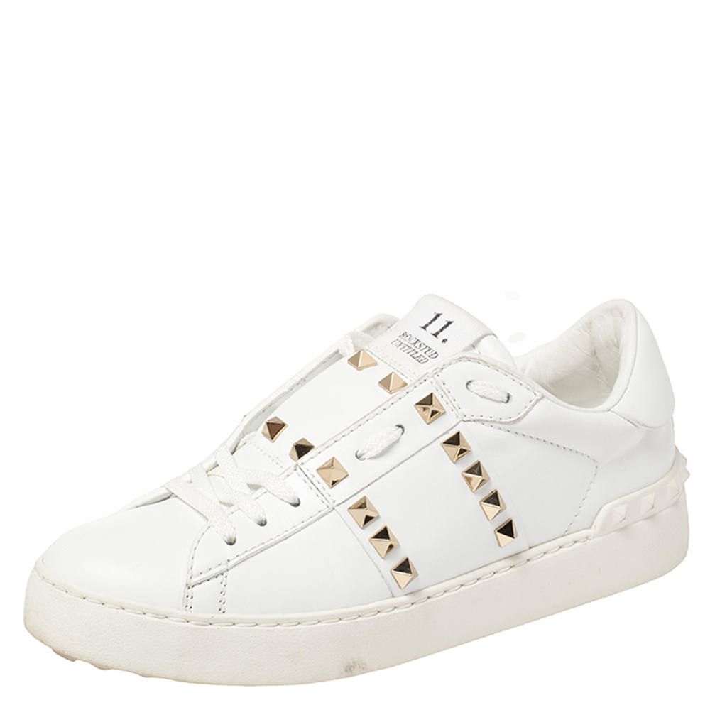 Pre-owned Valentino Garavani White Leather Open Rockstud Sneakers Size 36