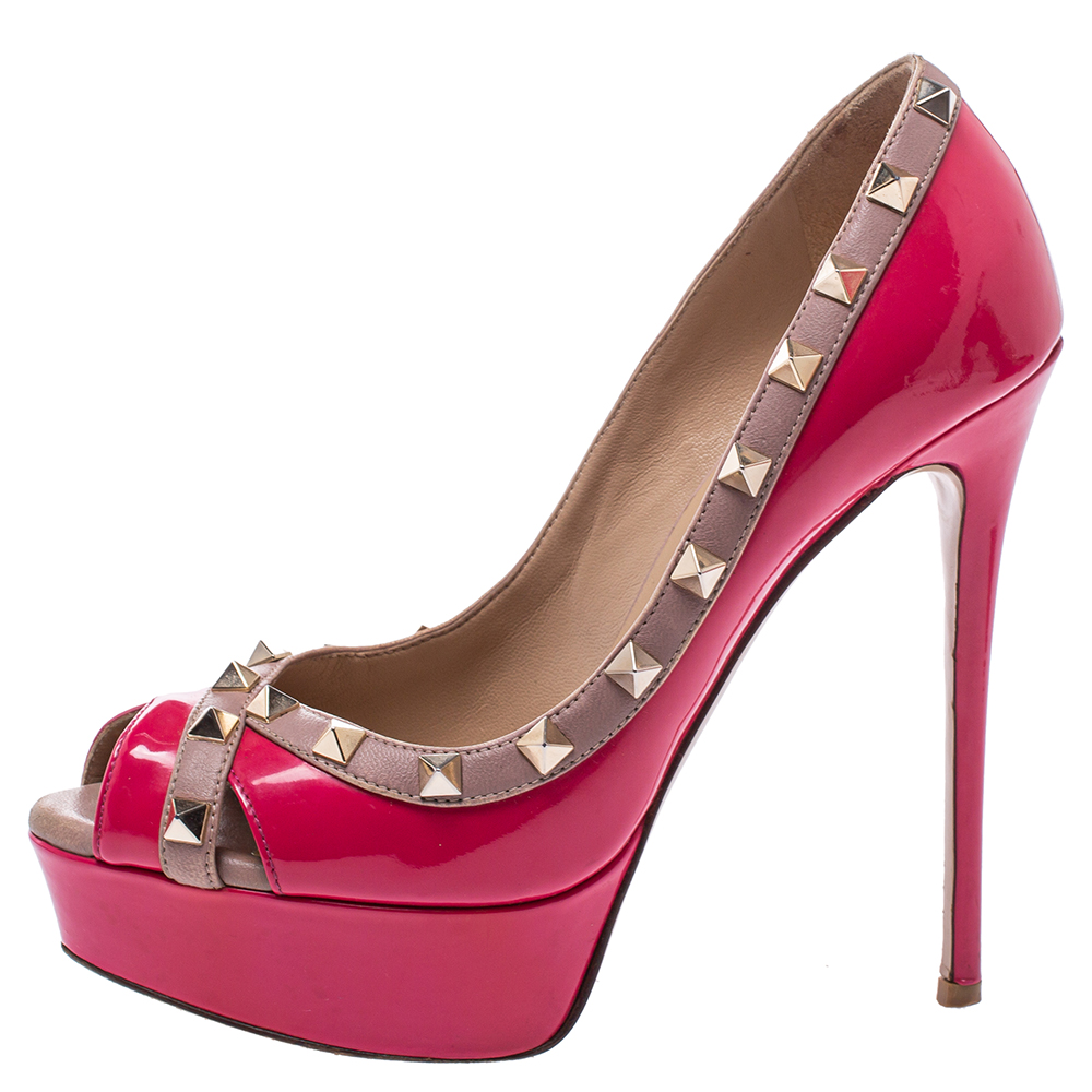 

Valentino Pink/Beige Patent Leather Rockstud Criss Cross Peep Toe Pumps Size