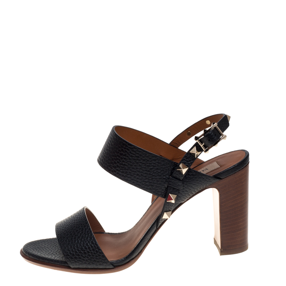 

Valentino Black Leather Rockstud Open Toe Slingback Sandals Size