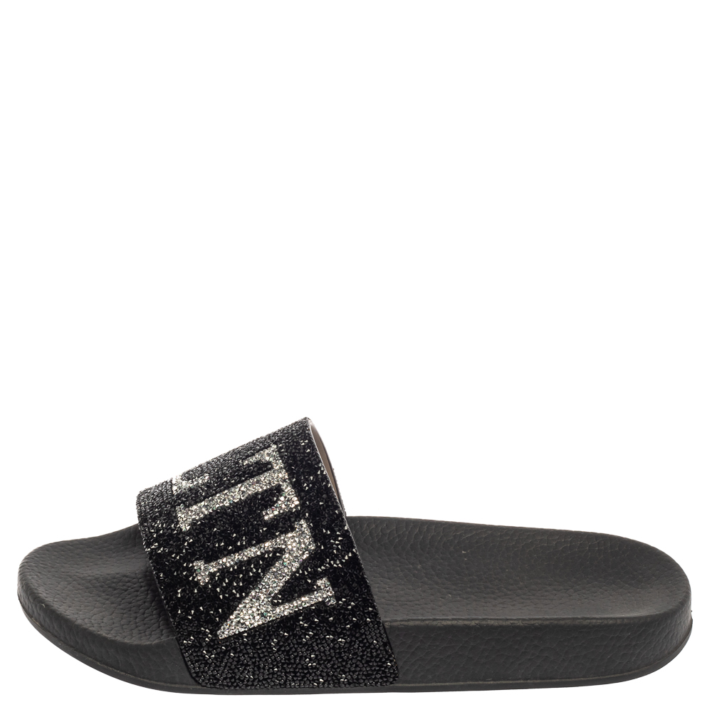 

Valentino Black Crystal Logo Slide Sandals Size