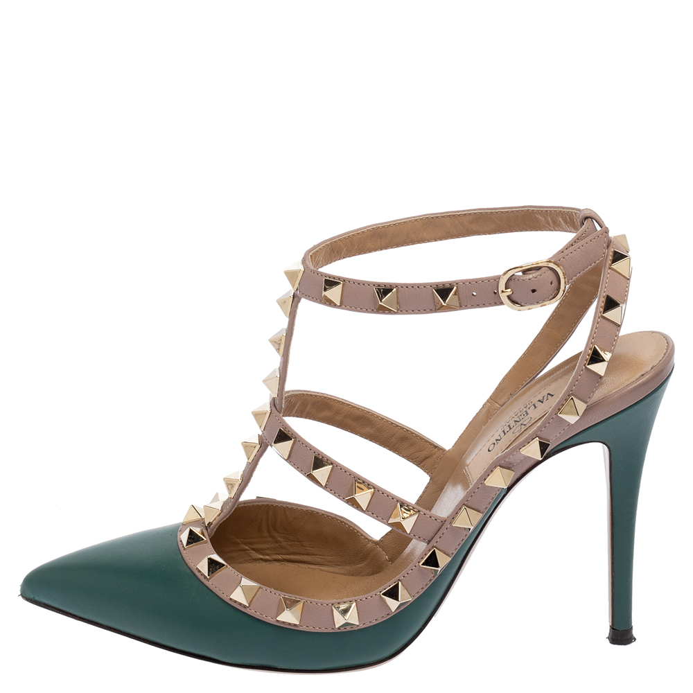

Valentino Green/Beige Leather Rockstud Sandals Size