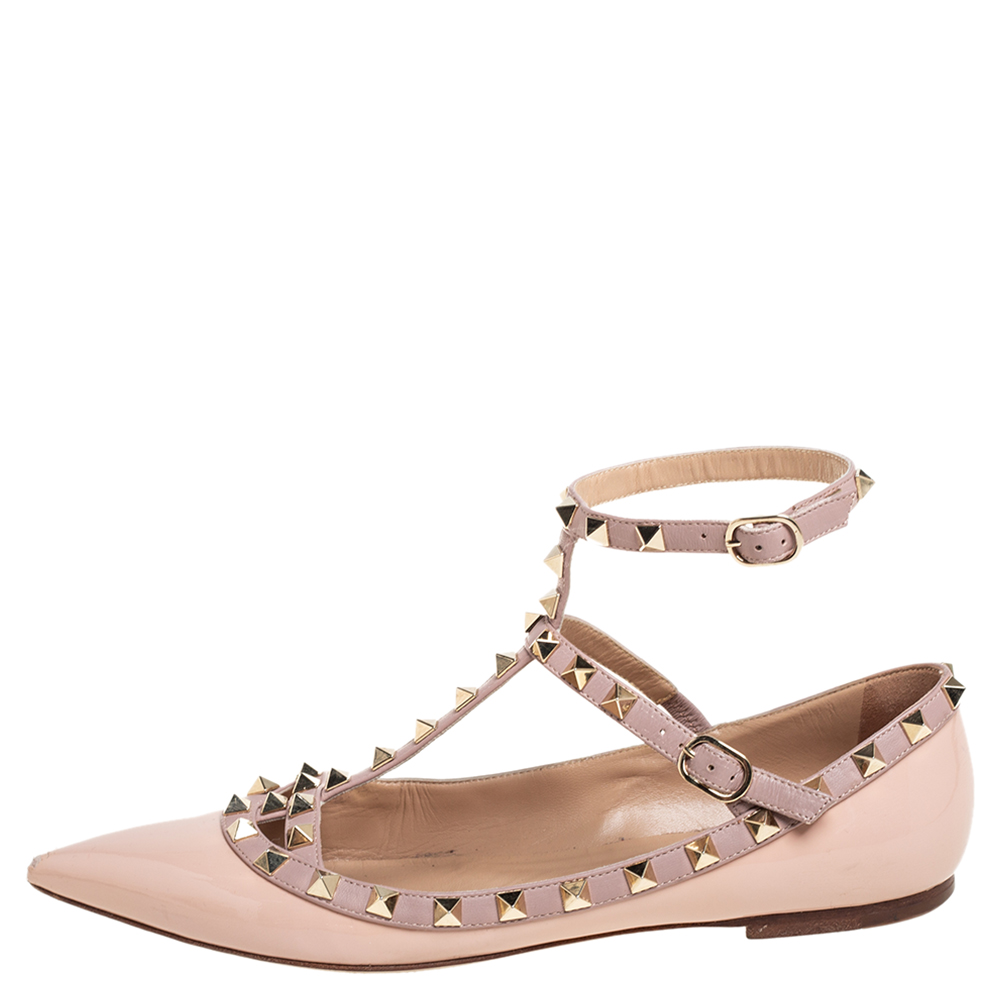 

Valentino Beige Patent Leather T Strap Rockstud Pointed Toe Ballet Flats Size