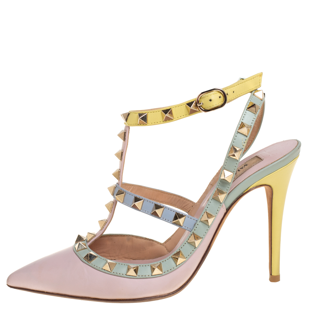

Valentino Multicolor Leather Rockstud Caged Ankle-Strap Sandals Size