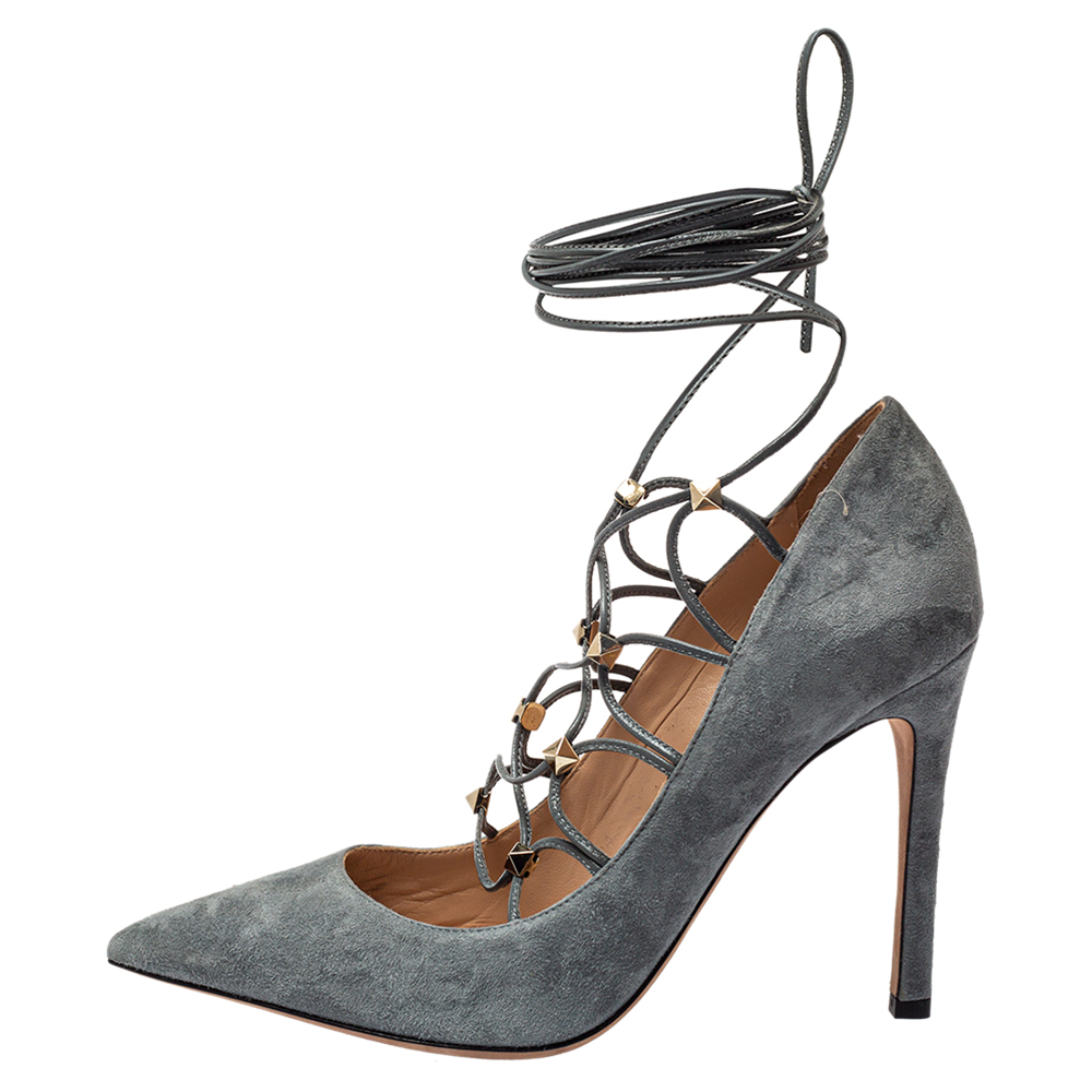 

Valentino Grey Suede Rockstud Ankle Wrap Pointed Toe Pumps Size