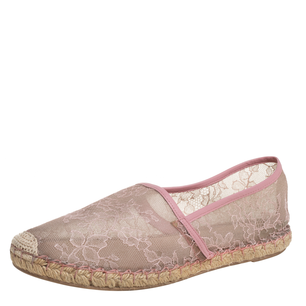 Pre-owned Valentino Garavani Beige/pink Leather And Lace Espadrilles Flats Size 40
