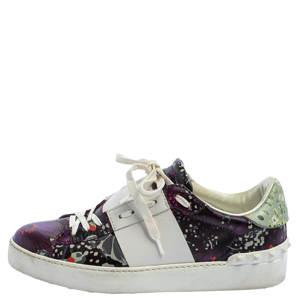

Valentino White/Purple Floral Printed Leather Low Top Sneakers Size