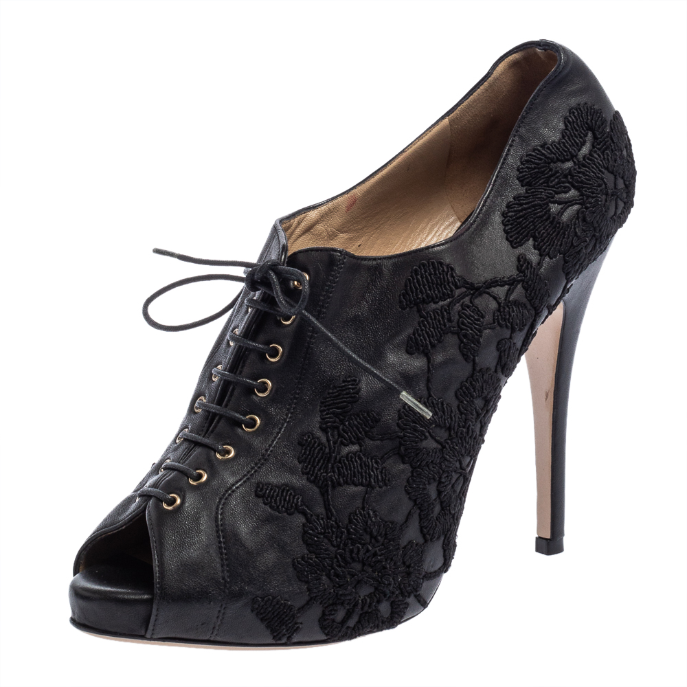 Pre-owned Valentino Garavani Black Leather Floral Embroidered Peep Toe Ankle Booties Size 40