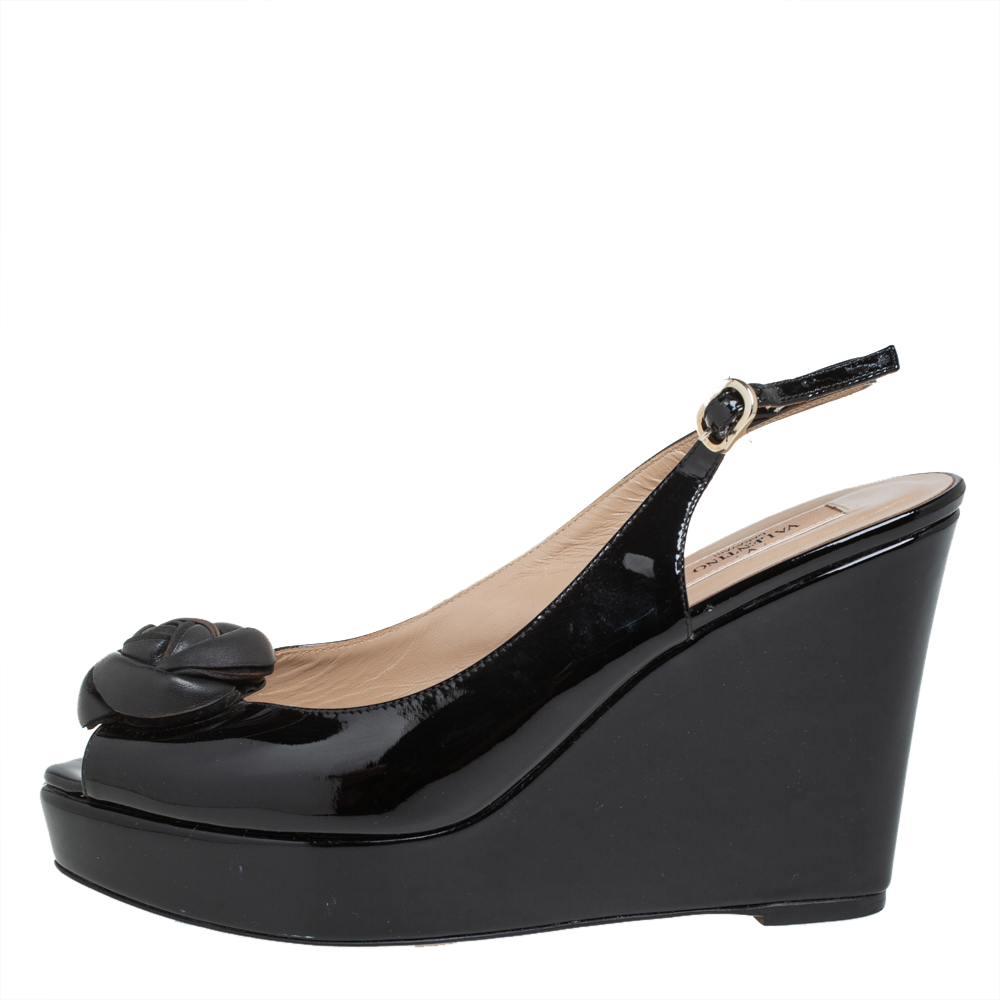 

Valentino Black Patent Leather Rose Embellished Wedge Platform Slingback Sandals Size