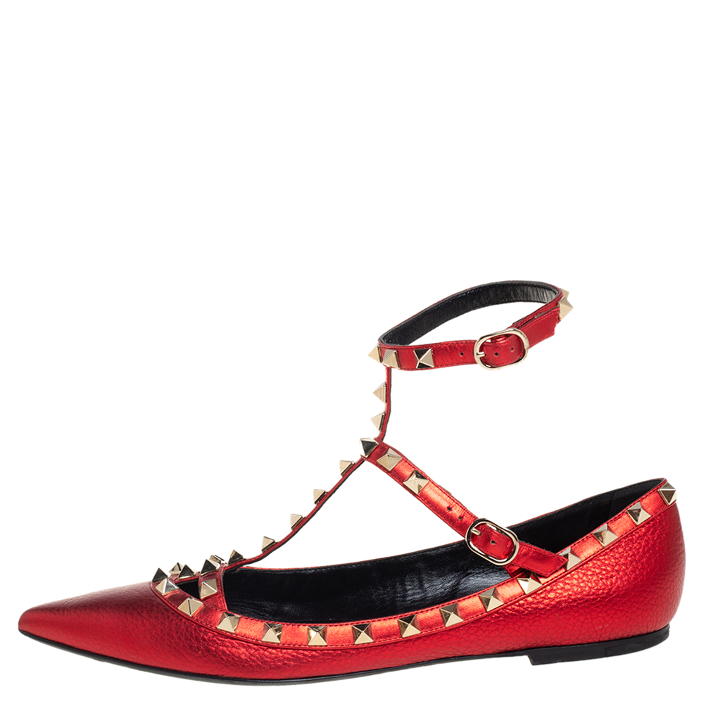 

Valentino Metallic Red Leather Rockstud Flat Ankle Strap Sandals Size