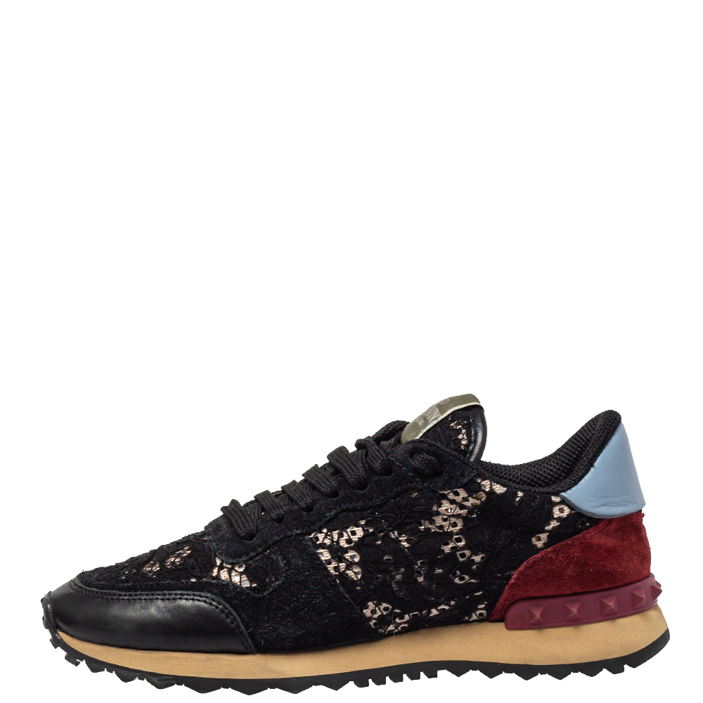 

Valentino Black Leather And Lace Rockrunner Sneakers Size