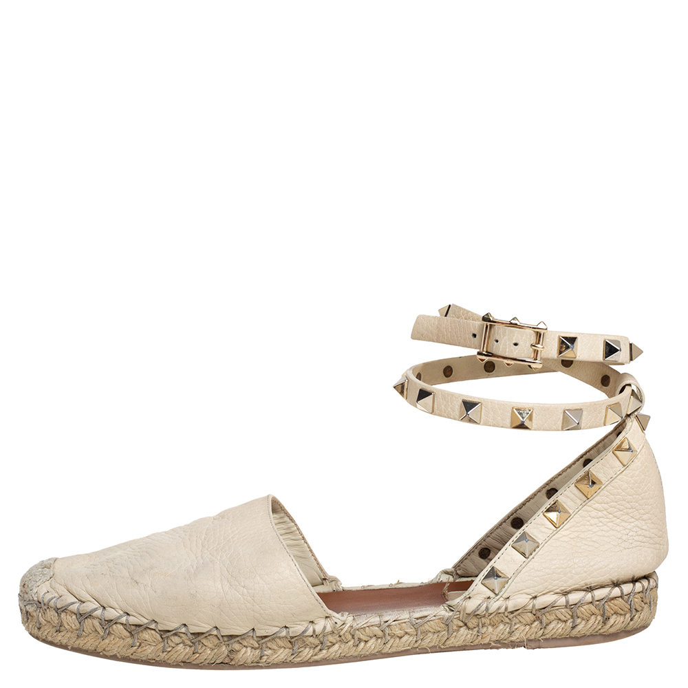 

Valentino Off White Leather Rockstud Ankle Strap Flat Espadrilles Size