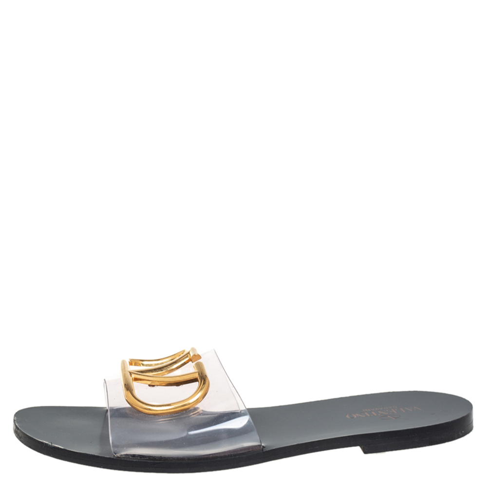 

Valentino Black PVC V logo Flat Slides Sandals Size