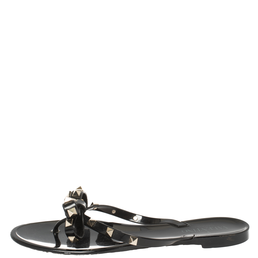 

Valentino Black Jelly Rockstud Bow Flat Sandals Size