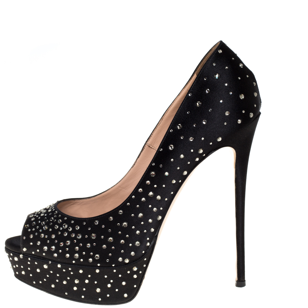 

Valentino Black Satin Crystal Embellished Platform Pumps Size
