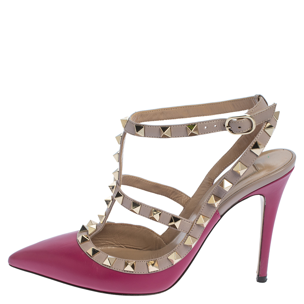 

Valentino Pink/Beige Leather Rockstud Strappy Pointed Toe Sandals Size