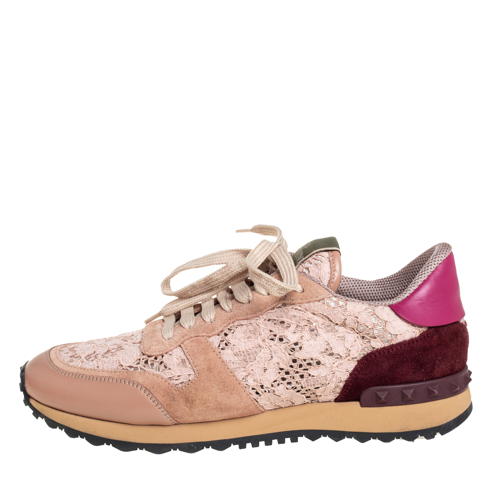 

Valentino Pink Lace And Leather Rockrunner Sneakers Size