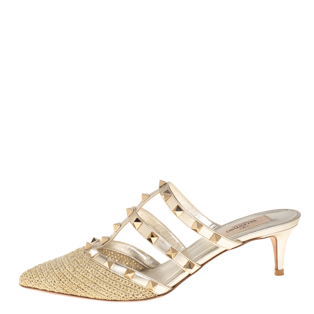 

Valentino Gold Crochet And Leather Rockstud Mule Sandals Size