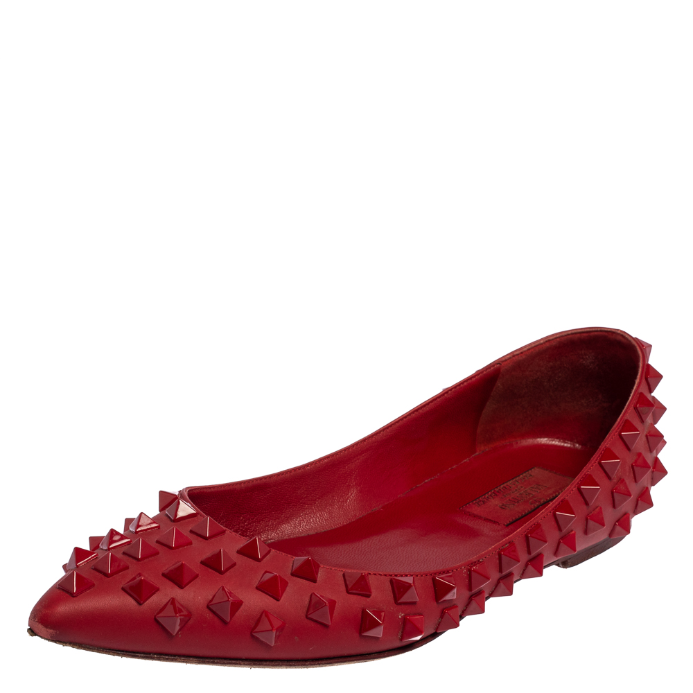 Pre-owned Valentino Garavani Red Leather Rockstud Rogue Ballet Flats Size 37