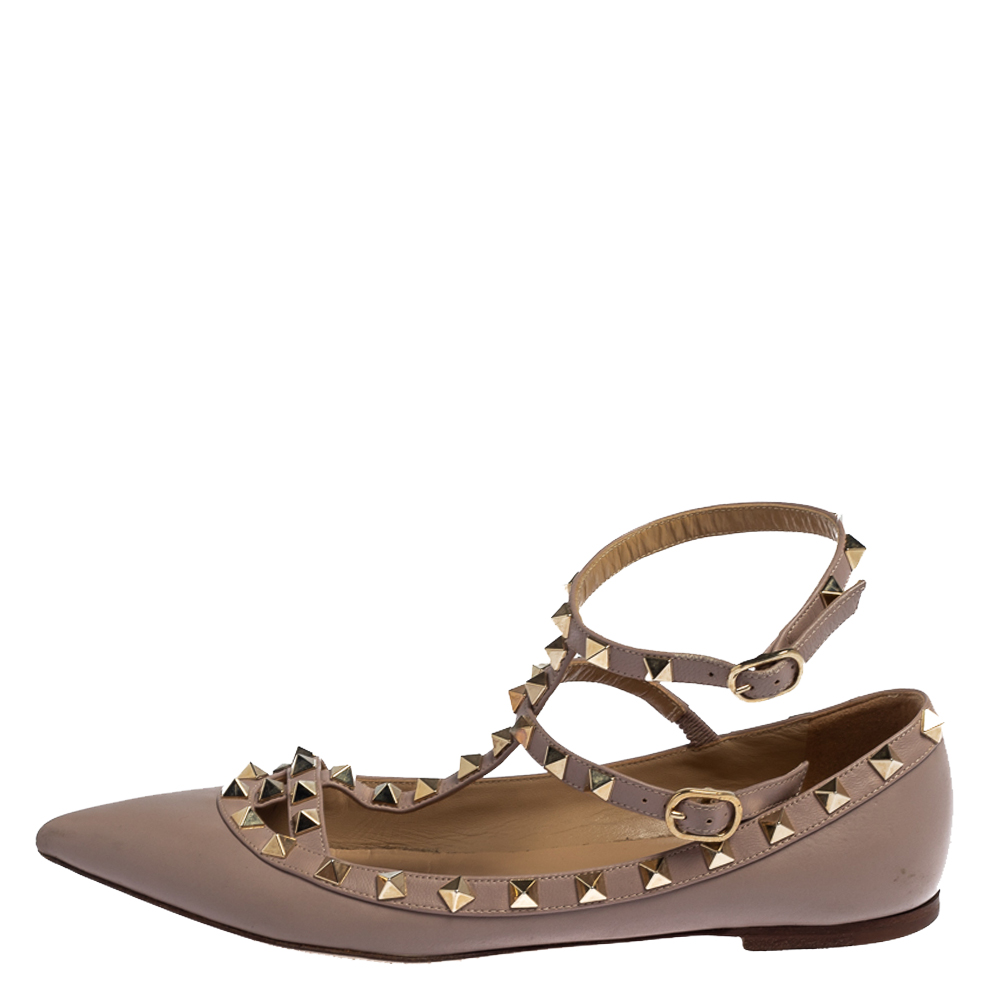 

Valentino Beige Leather Rockstud Ankle Strap Ballet Flats Size