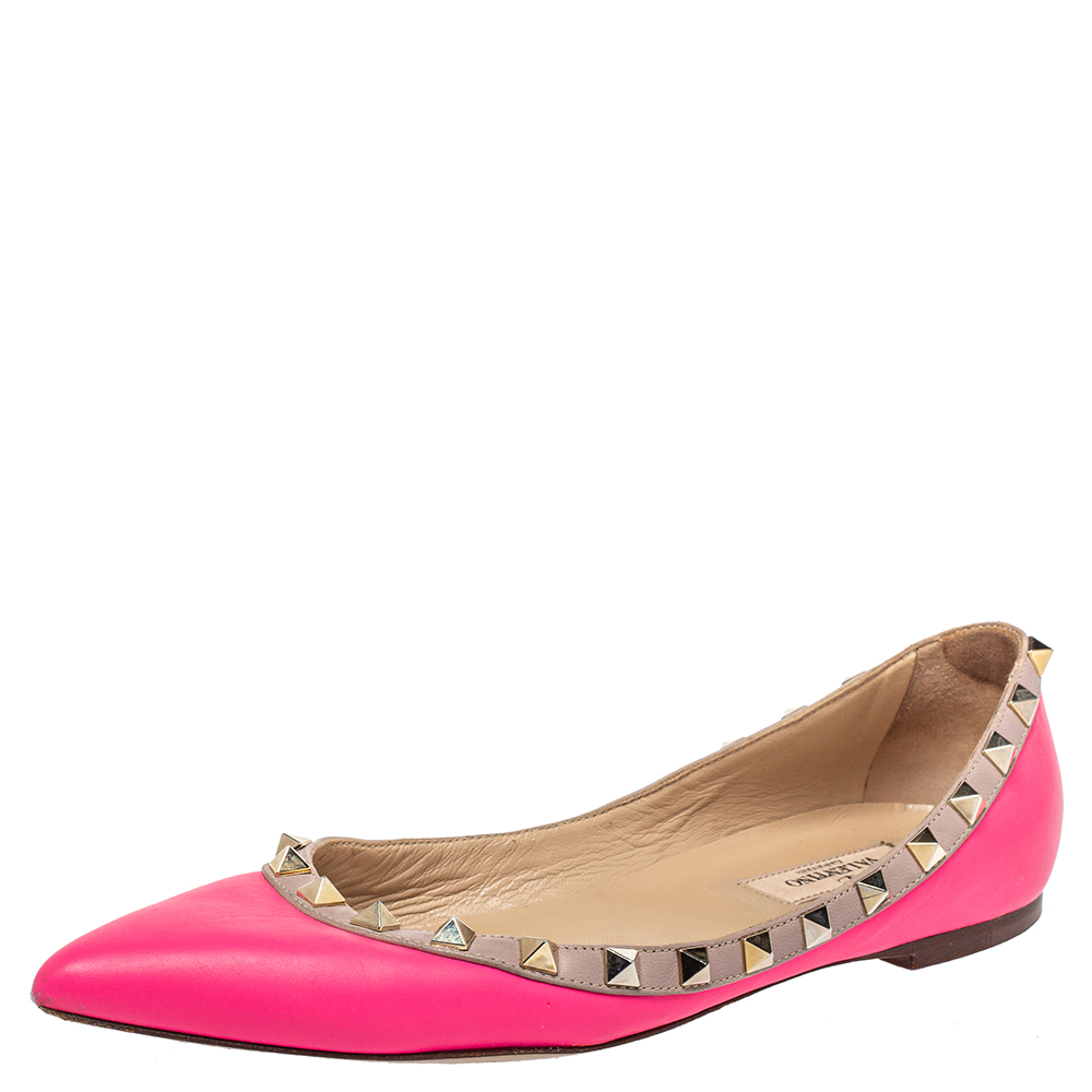 Pre-owned Valentino Garavani Pink Leather Rockstud Ballet Flats Size 37.5