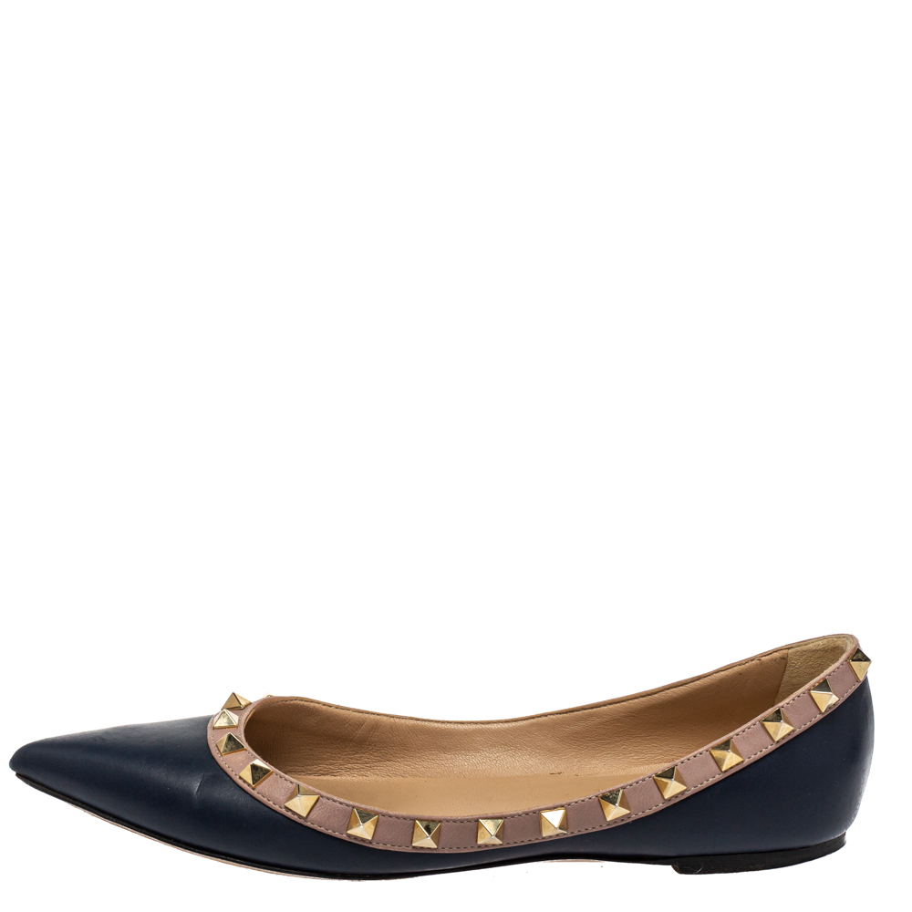 

Valentino Navy Blue/Beige Leather Rockstud Pointed Toe Flats size