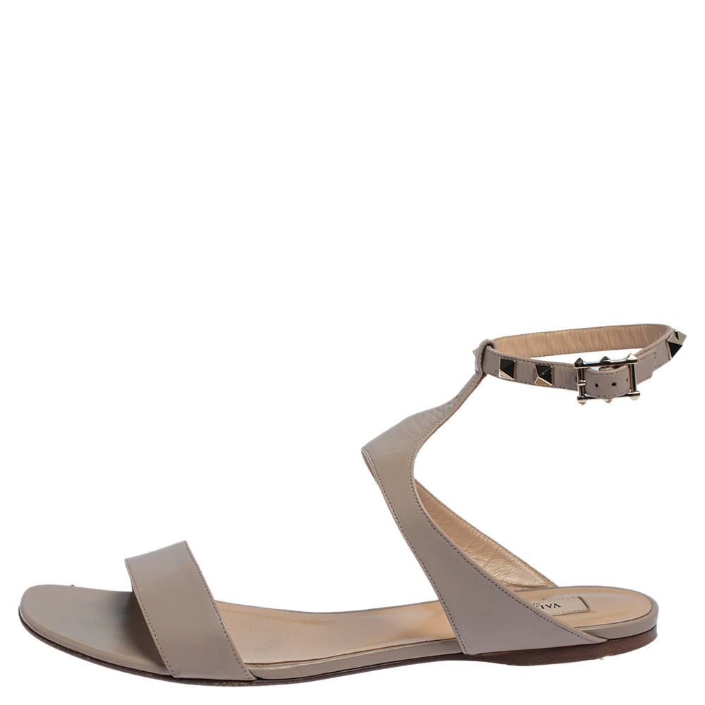 

Valentino Beige Leather Rockstud Ankle Strap Flat Sandals Size