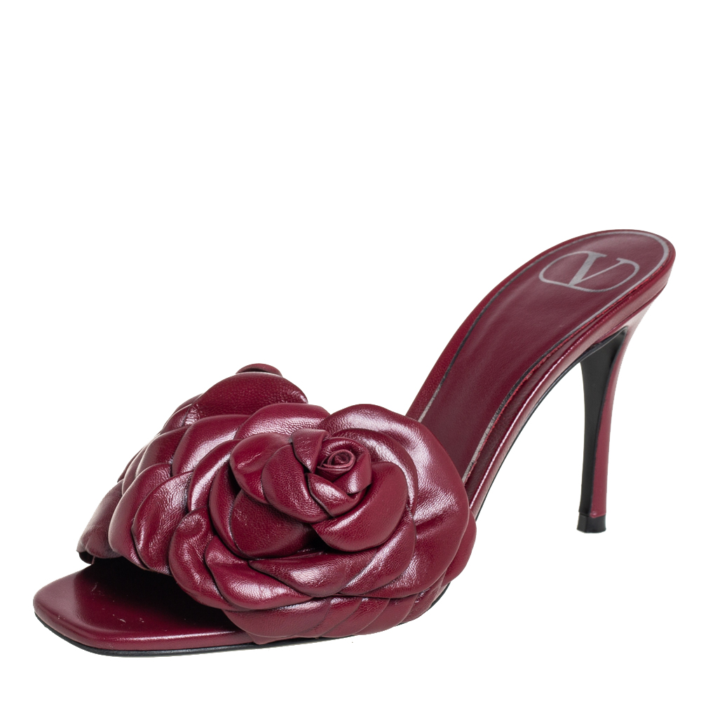 Pre-owned Valentino Garavani Burgundy Leather Rose Slide Sandals Size 36