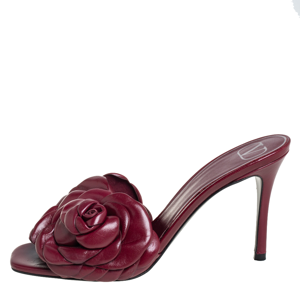 

Valentino Burgundy Leather Rose Slide Sandals Size 36
