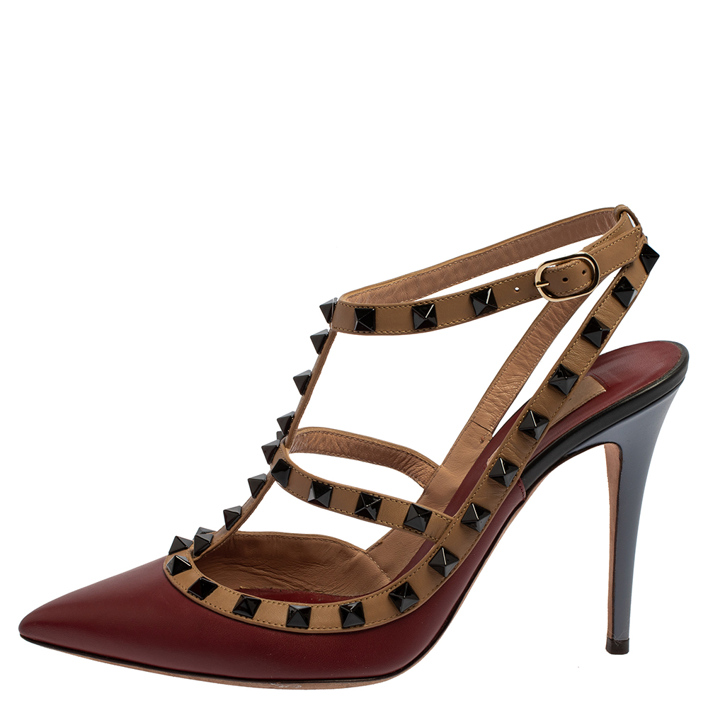

Valentino Burgundy Leather Rockstud Ankle Strap Sandals Size
