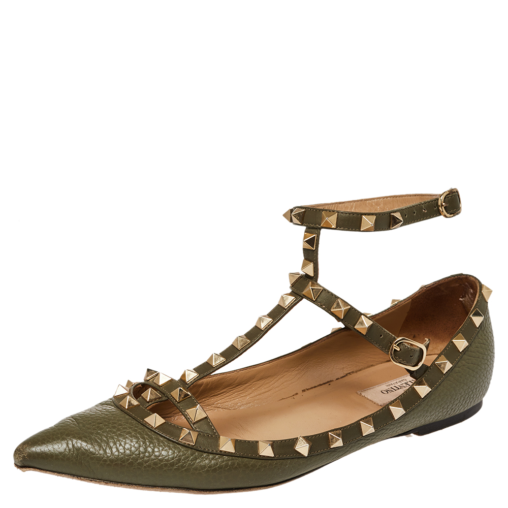 Pre-owned Valentino Garavani Green Leather Rockstud Ankle Strap Ballet Flats Size 40